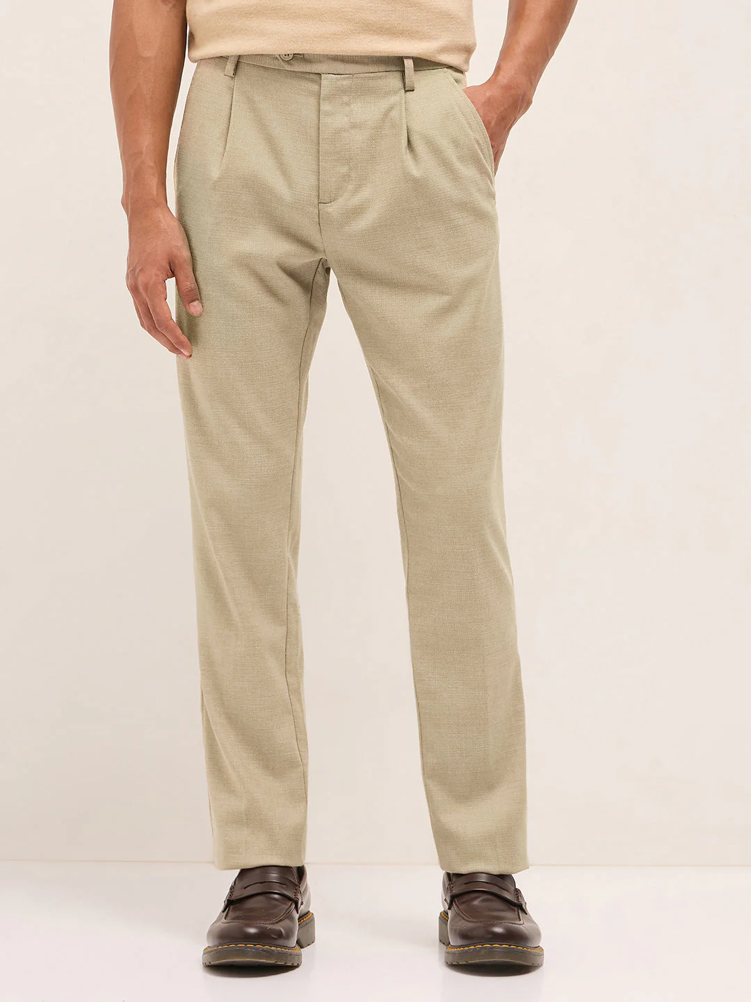 Men Cream Textured Weave Regular Fit Formal Trousers - Image 7