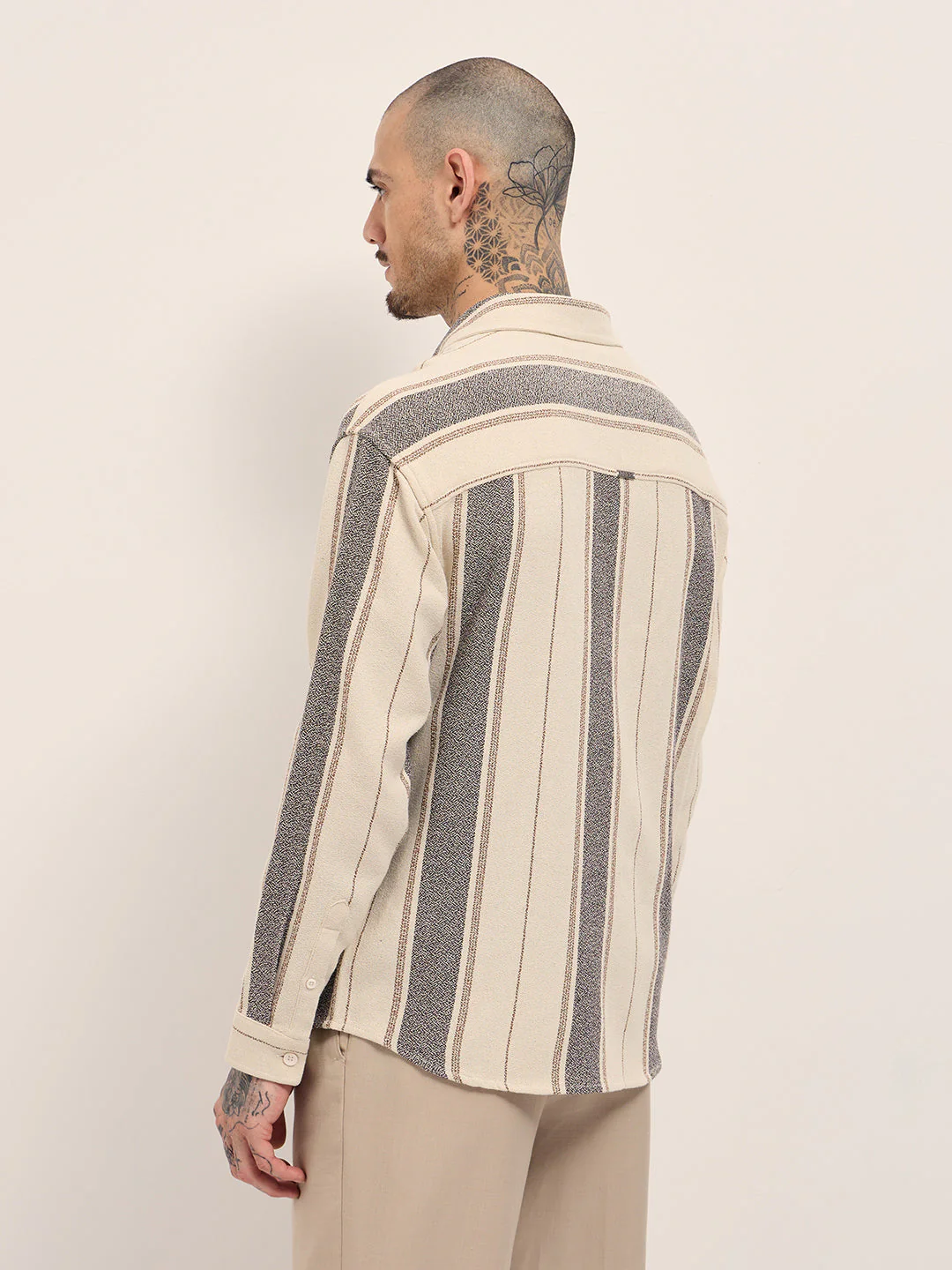 Men Cream Vertical Stripe Relax Fit Long Sleeves Overshirt - Image 2