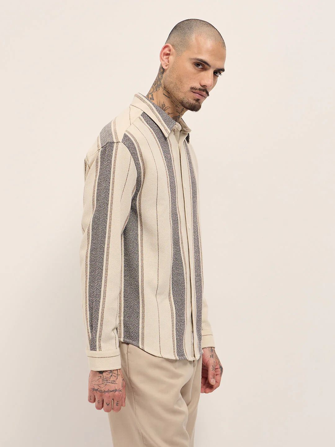 Men Cream Vertical Stripe Relax Fit Long Sleeves Overshirt - Image 3