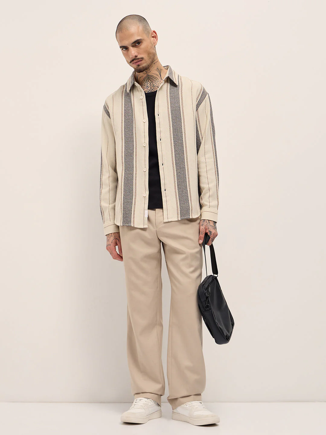 Men Cream Vertical Stripe Relax Fit Long Sleeves Overshirt - Image 4