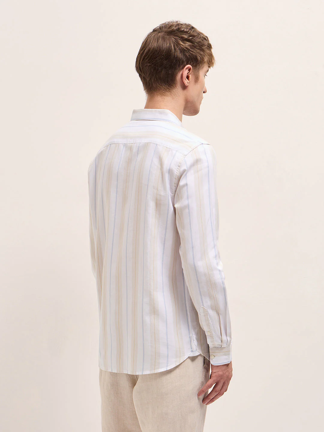 Men Cream Vertical Stripes Slim Fit Casual Shirt - Image 2