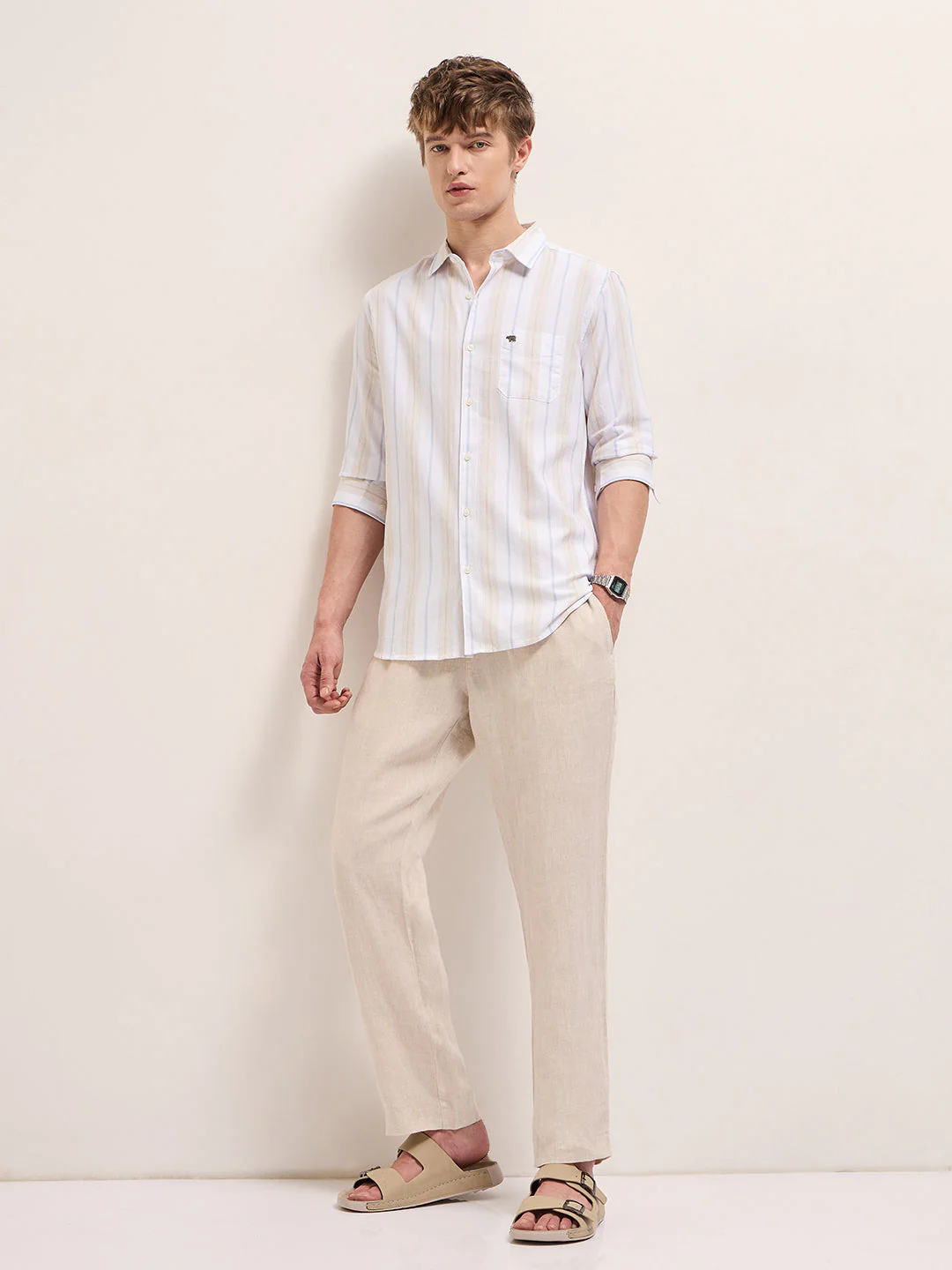 Men Cream Vertical Stripes Slim Fit Casual Shirt - Image 4