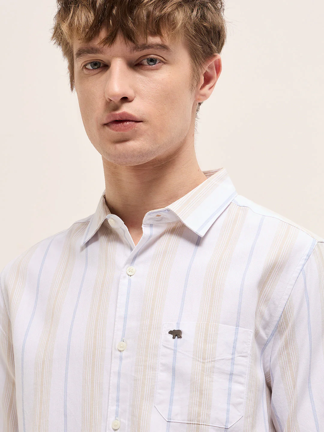 Men Cream Vertical Stripes Slim Fit Casual Shirt - Image 5