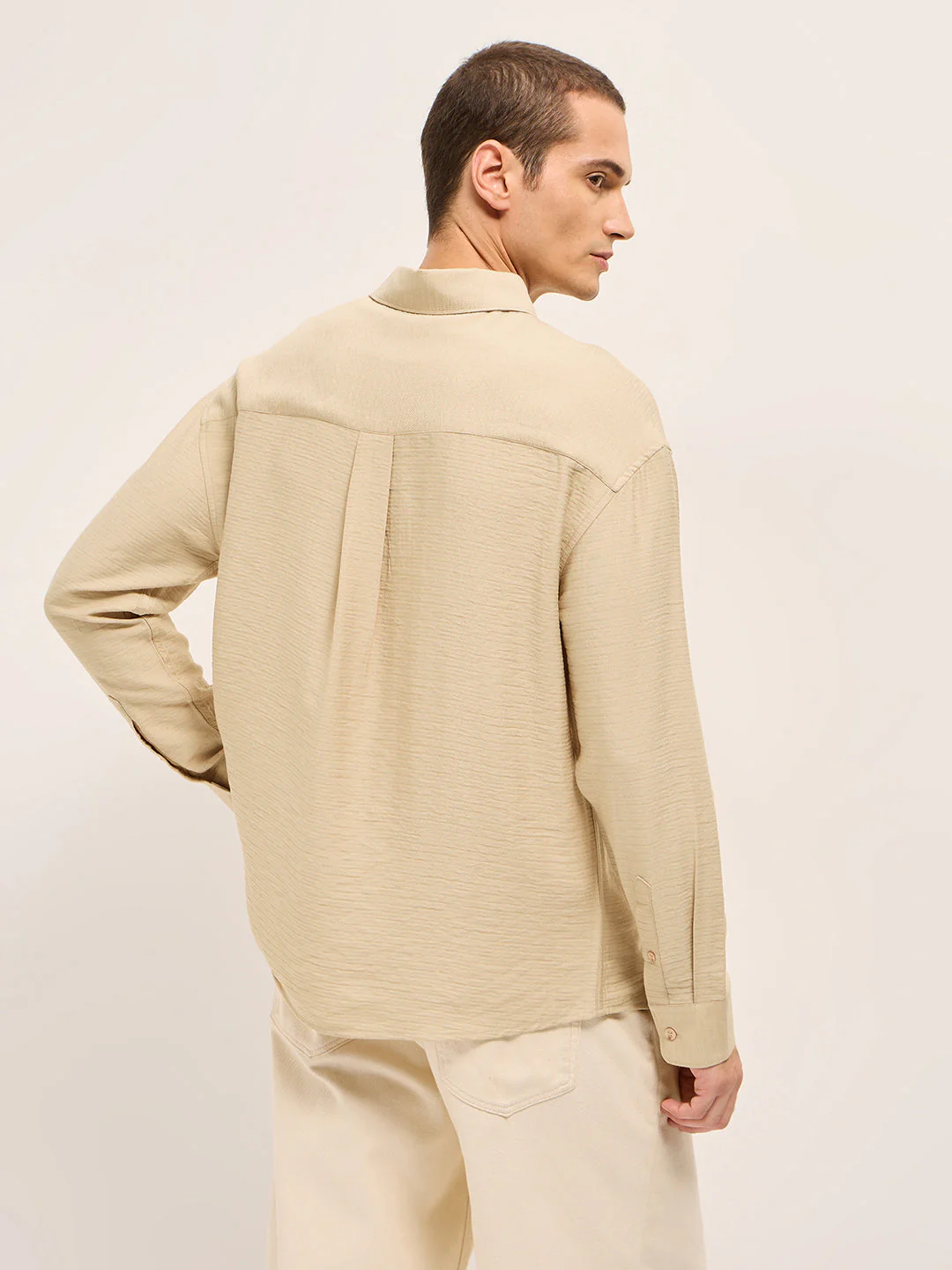 Men Cream Viscose Herringbone Design Relax Fit Casual shirt - Image 2