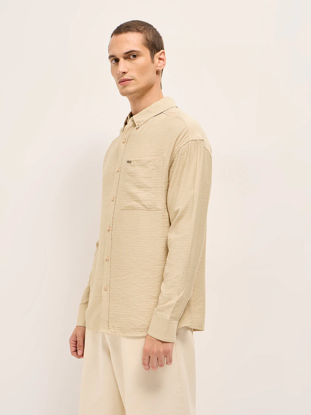 Men Cream Viscose Herringbone Design Relax Fit Casual shirt - Image 3