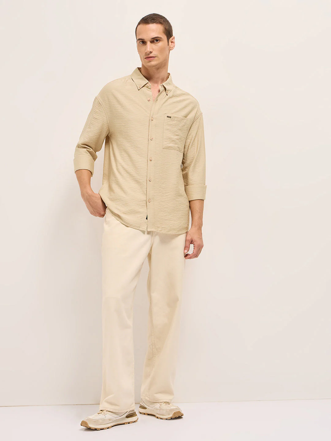 Men Cream Viscose Herringbone Design Relax Fit Casual shirt - Image 4