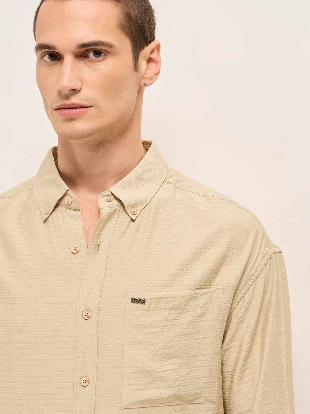 Men Cream Viscose Herringbone Design Relax Fit Casual shirt - Image 5