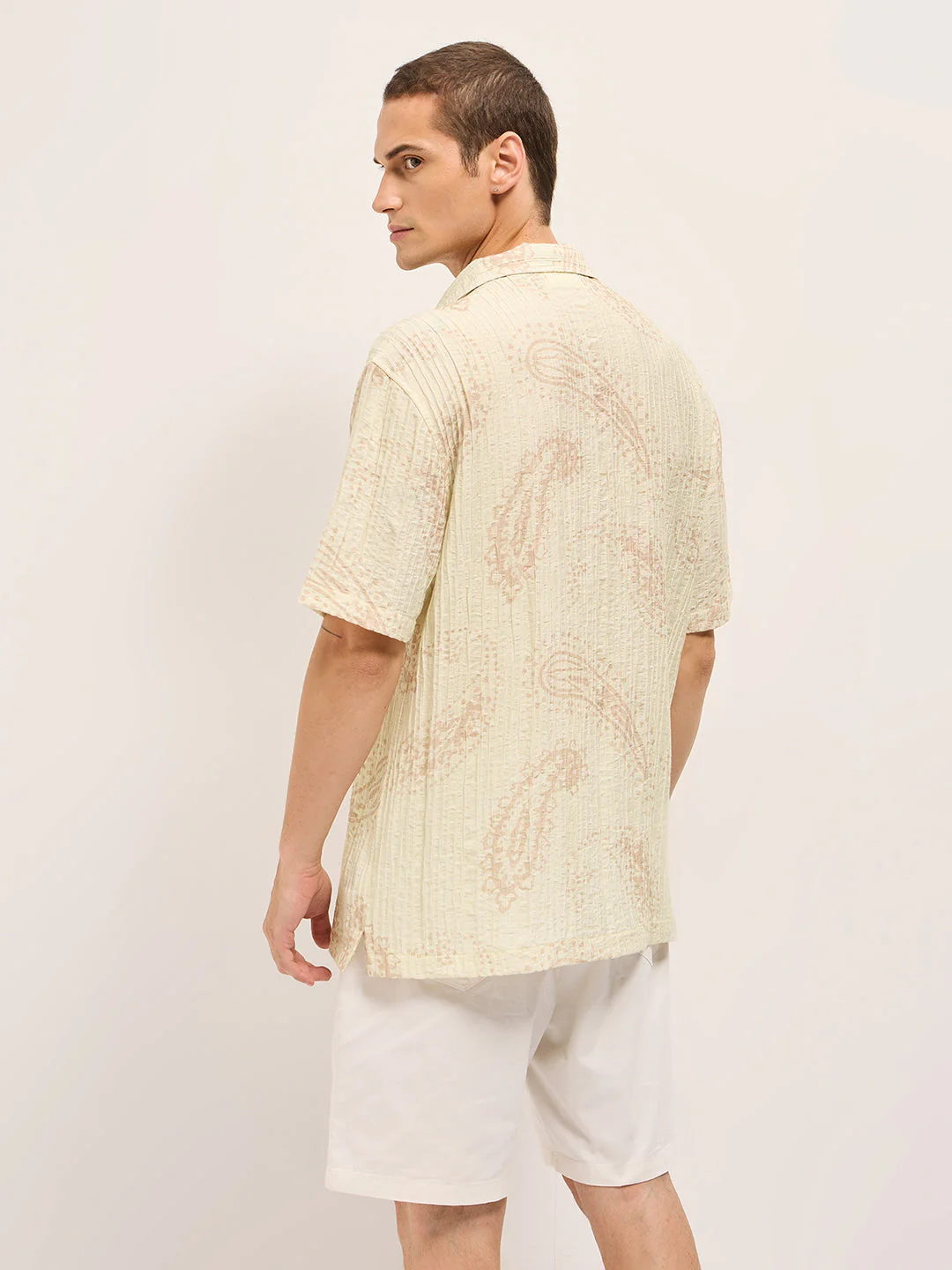 Men Cream Viscose Paisley Print Relaxed Fit Cuban Collar Shirt - Image 2