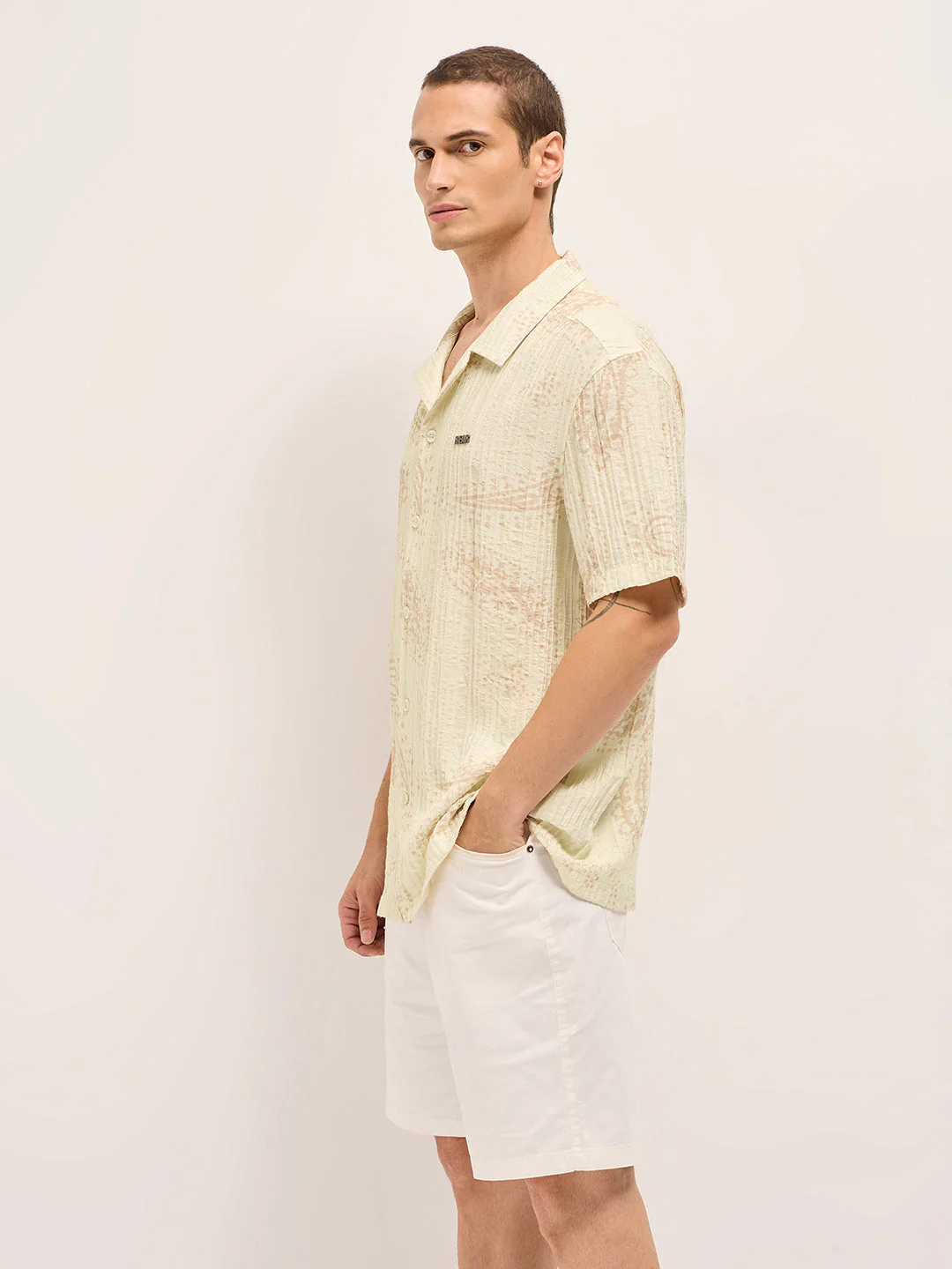 Men Cream Viscose Paisley Print Relaxed Fit Cuban Collar Shirt - Image 3