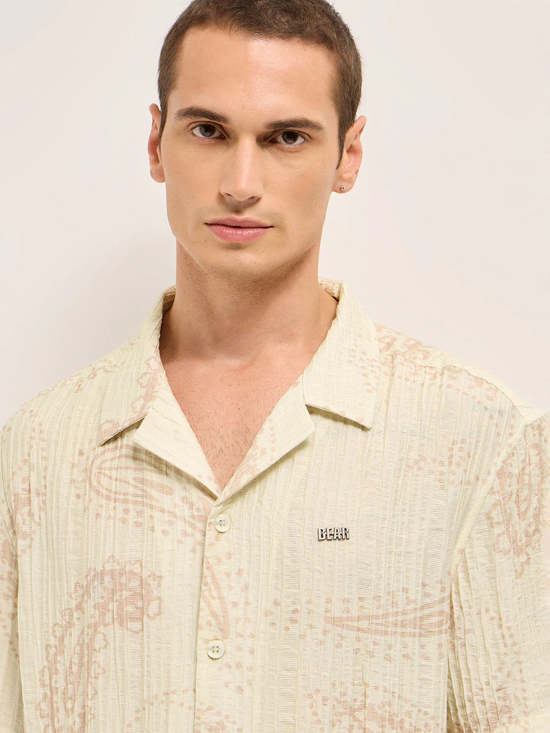 Men Cream Viscose Paisley Print Relaxed Fit Cuban Collar Shirt - Image 5
