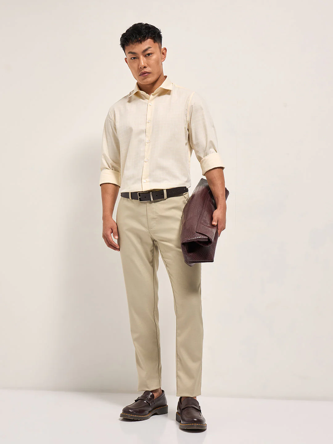 Men Cream Windowpane Checks Tailored Fit Formal Shirt - Image 5
