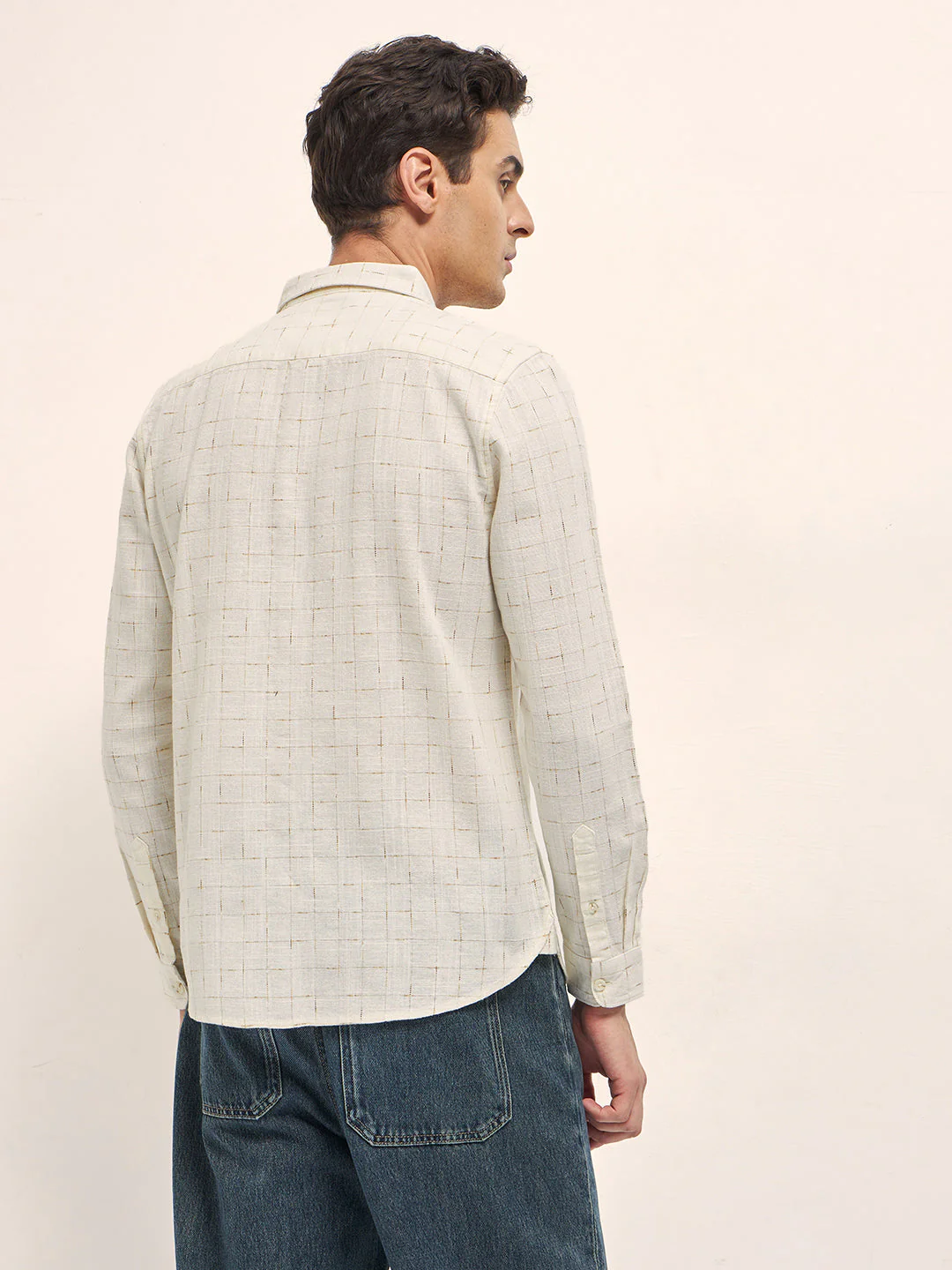 Men Cream Woven Checked Design Slim Fit Casual Shirt - Image 2