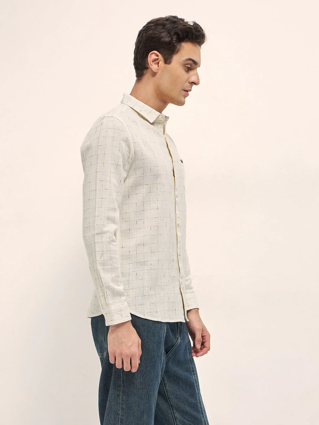 Men Cream Woven Checked Design Slim Fit Casual Shirt - Image 3