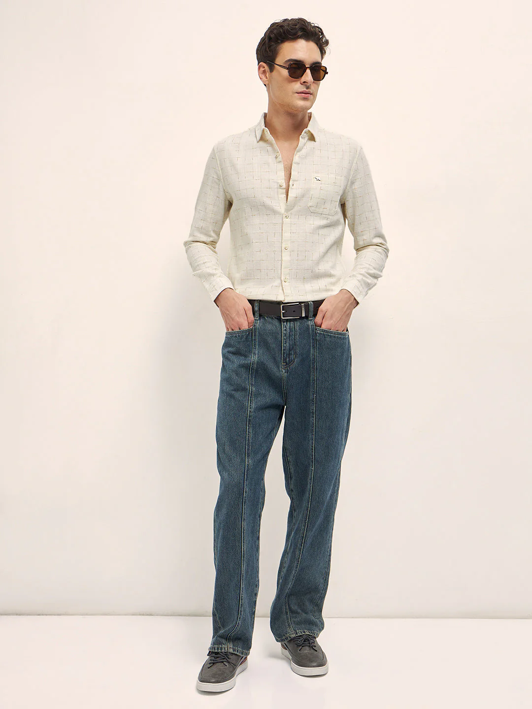 Men Cream Woven Checked Design Slim Fit Casual Shirt - Image 4