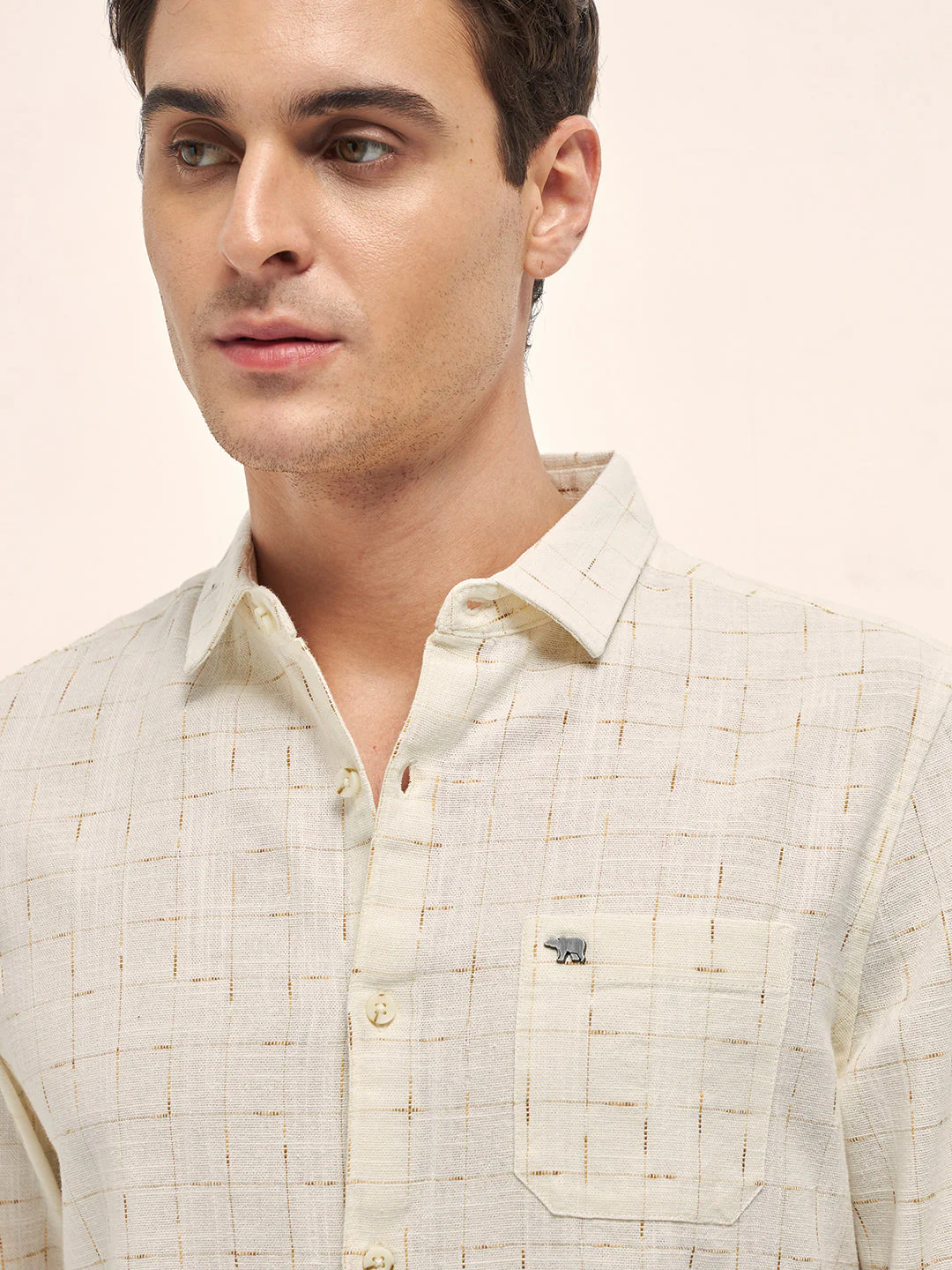 Men Cream Woven Checked Design Slim Fit Casual Shirt - Image 5