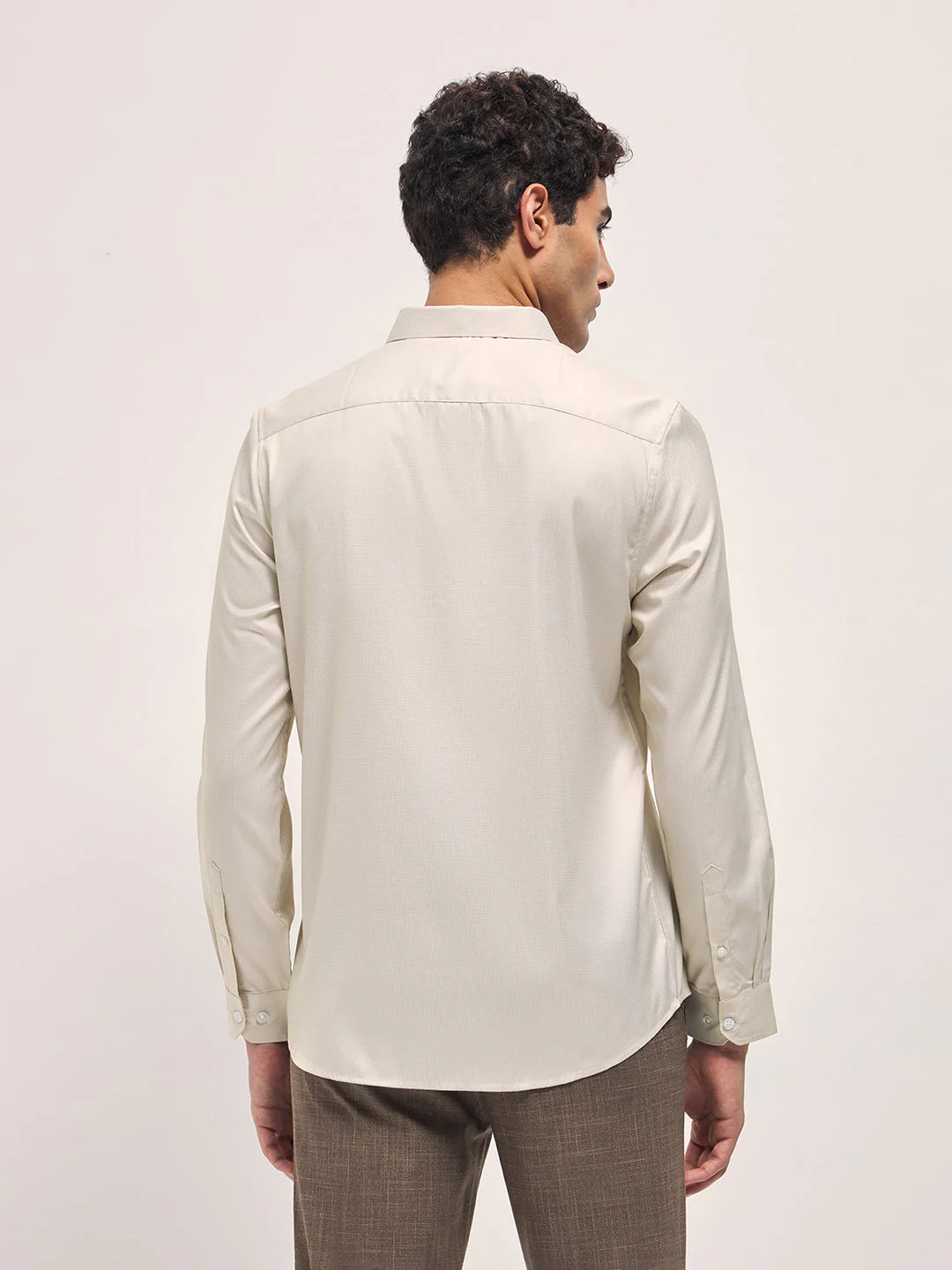 Men Cream Woven Design Tailored Fit Formal Shirt - Image 2