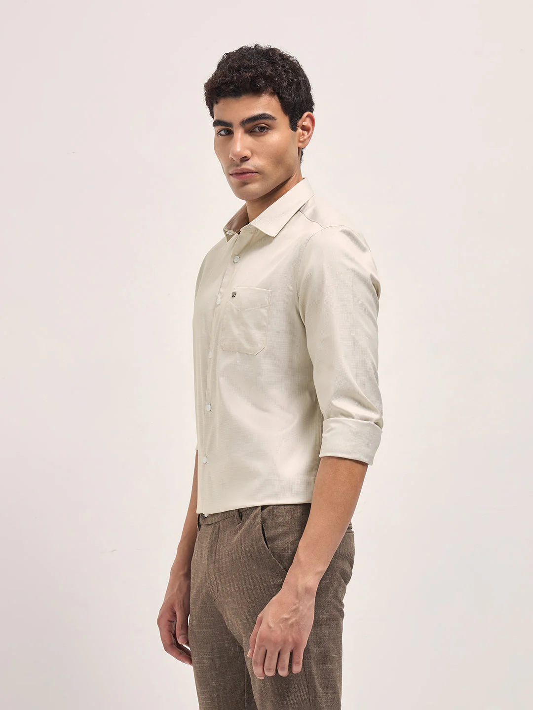 Men Cream Woven Design Tailored Fit Formal Shirt - Image 3