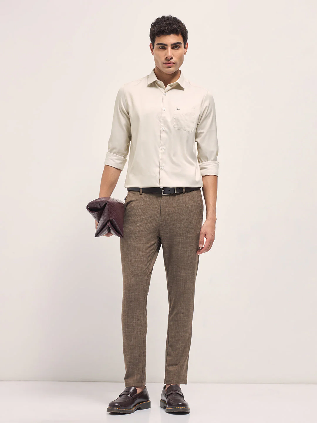 Men Cream Woven Design Tailored Fit Formal Shirt - Image 4