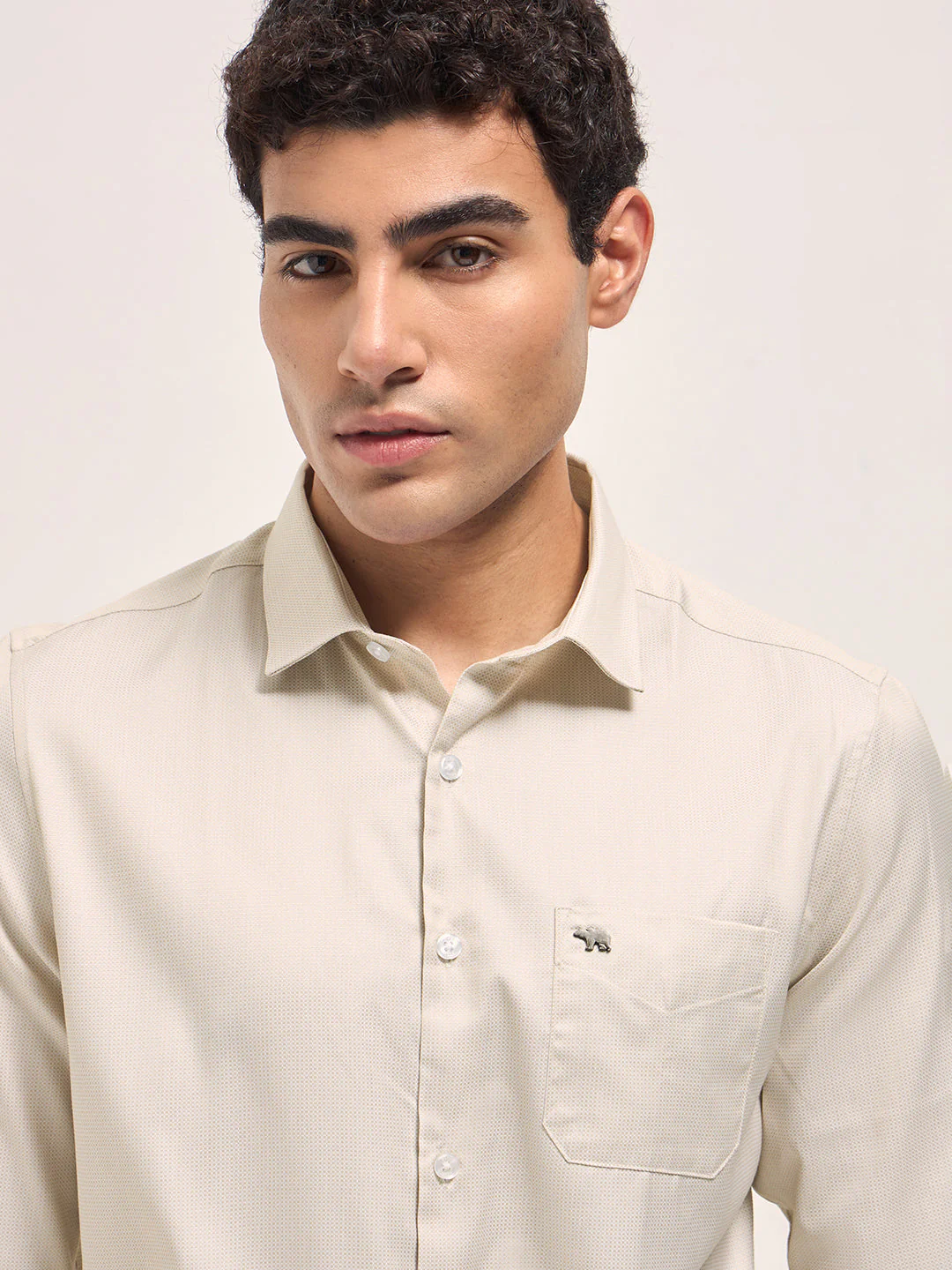 Men Cream Woven Design Tailored Fit Formal Shirt - Image 5