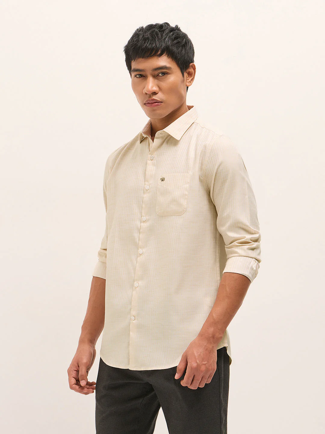 Men Cream Woven Pinstripe Tailored Fit Formal Shirt - Image 3