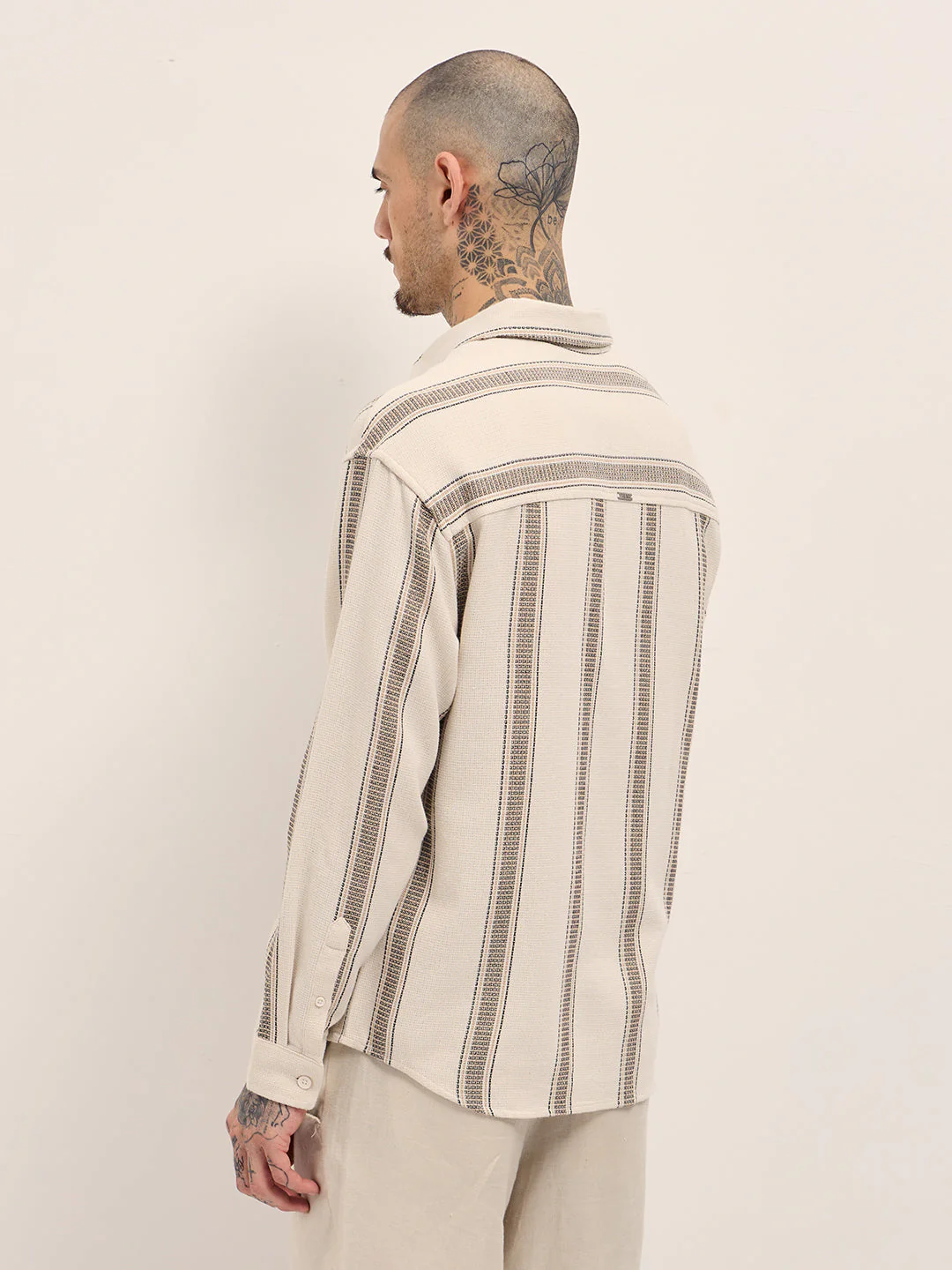 Men Cream Woven Stripe Design Relax Fit Overshirt - Image 2