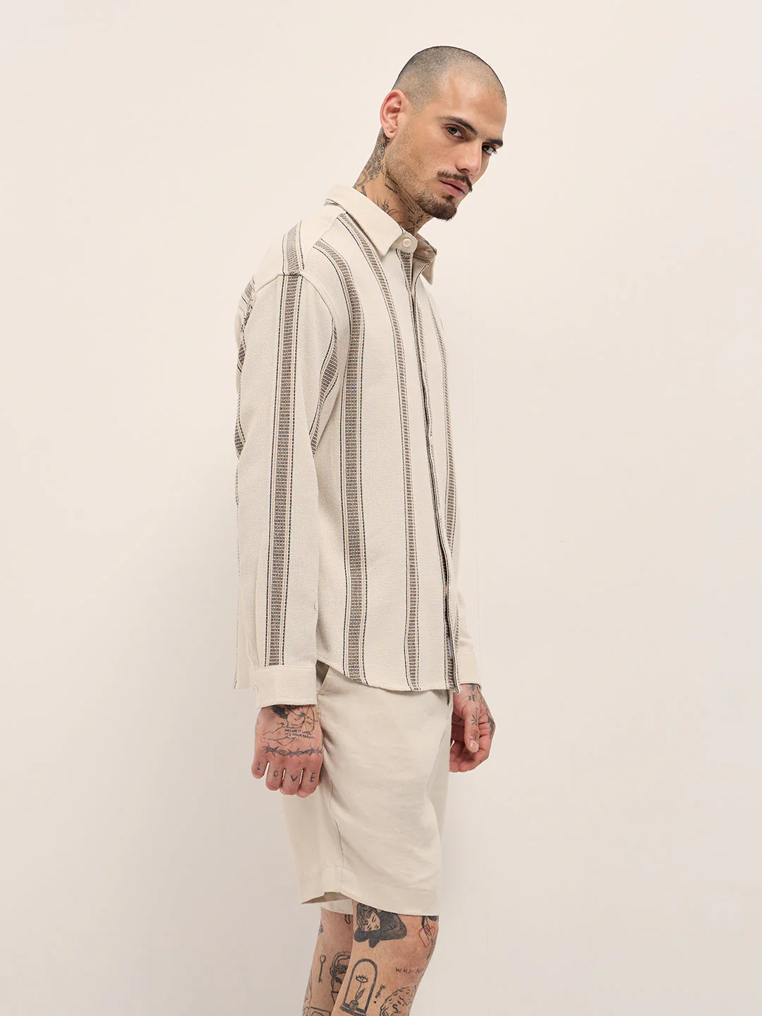 Men Cream Woven Stripe Design Relax Fit Overshirt - Image 3