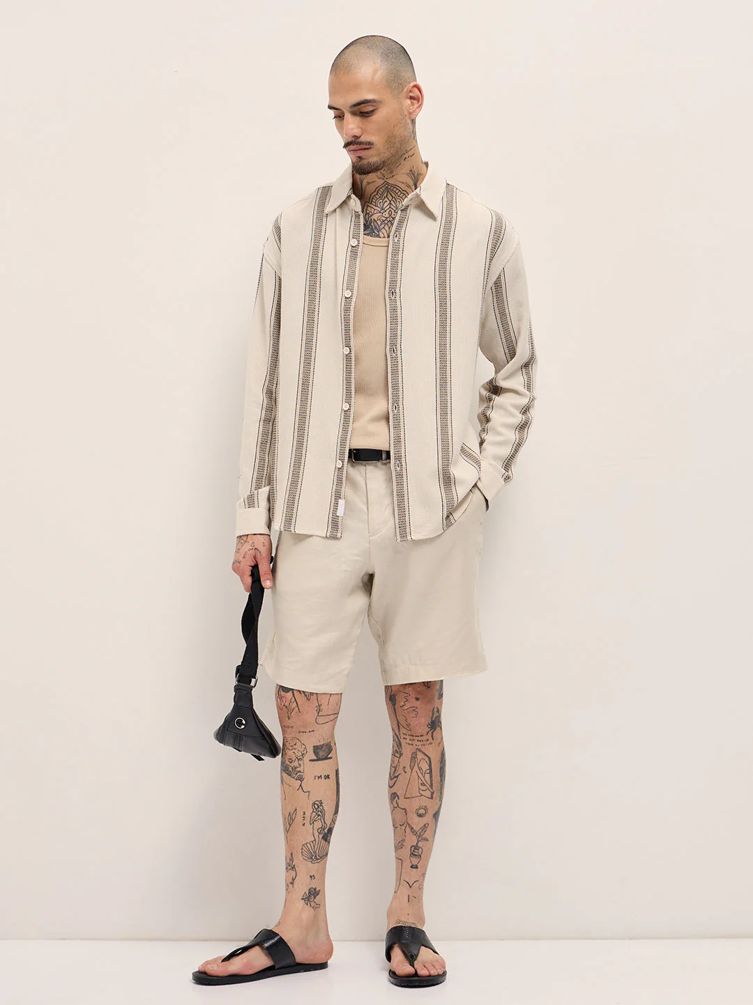 Men Cream Woven Stripe Design Relax Fit Overshirt - Image 4