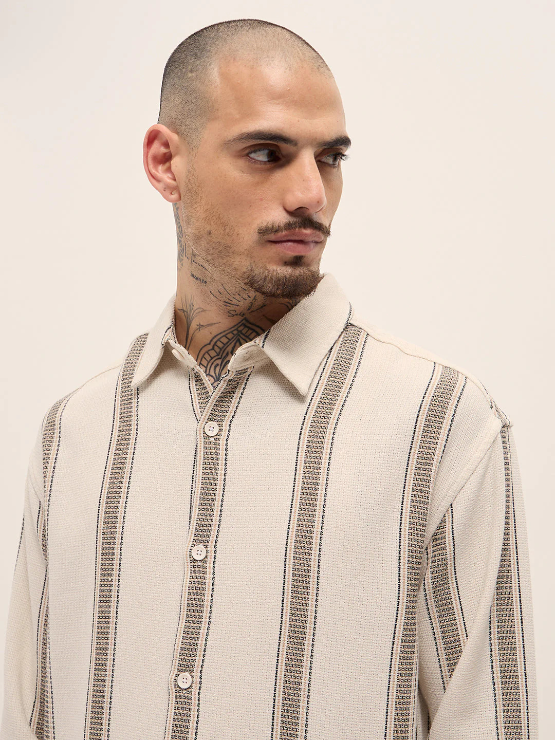 Men Cream Woven Stripe Design Relax Fit Overshirt - Image 5