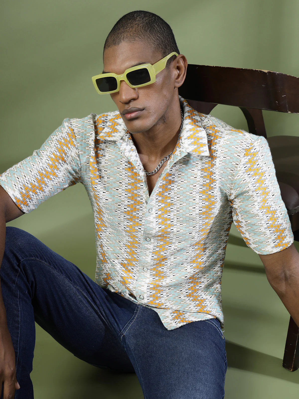 Men Crochet Knit Cuban Collar Zigzag Shirt - Image 2