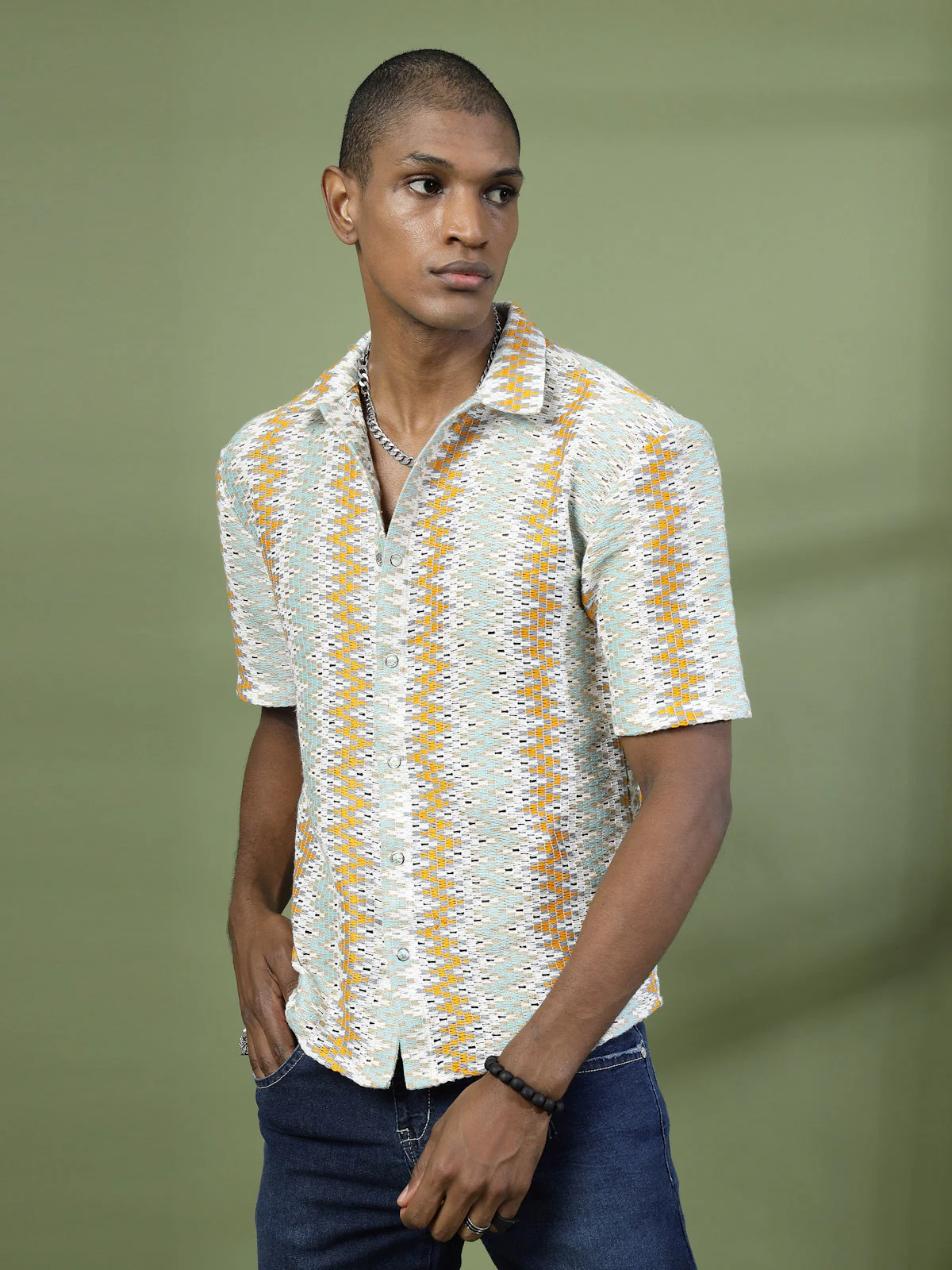 Men Crochet Knit Cuban Collar Zigzag Shirt - Image 3