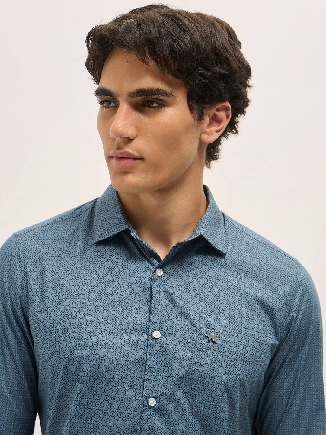 Men Crystal Teal Blue Geometric Printed Tailored Fit Formal Shirt - Image 5