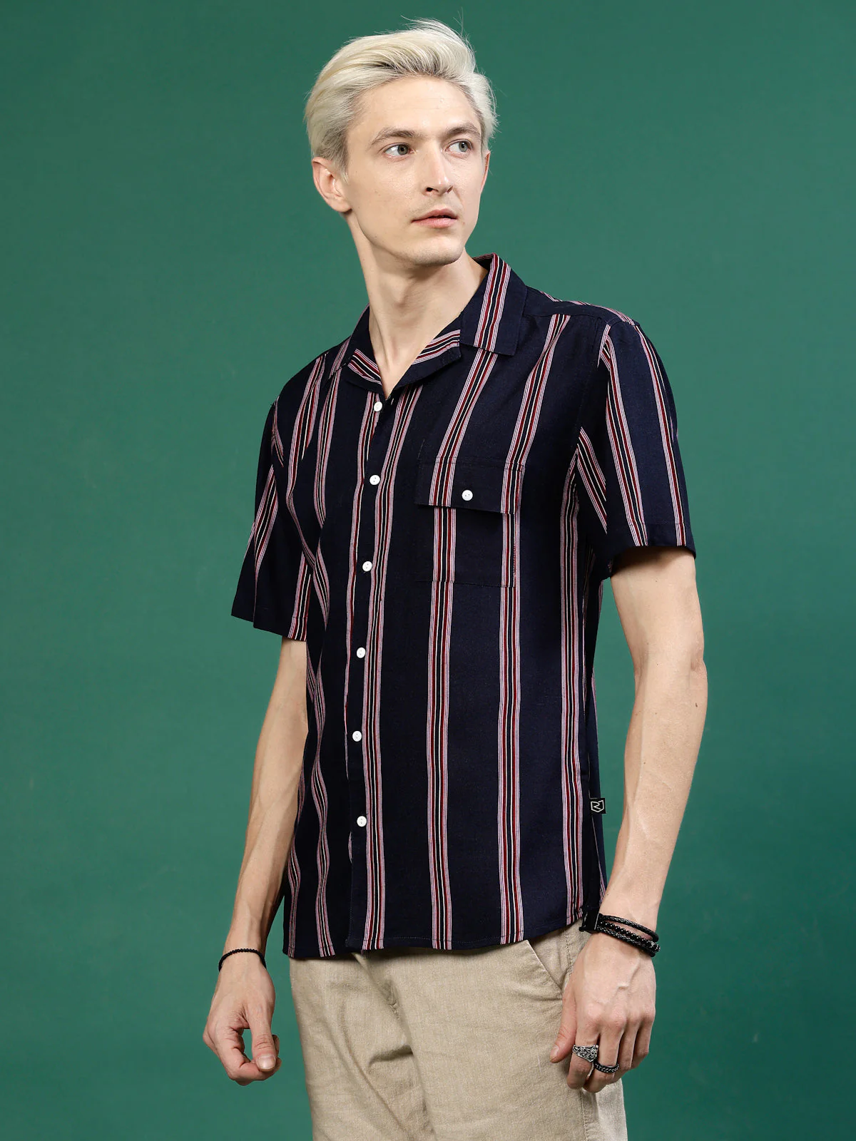 Men Cut Away Collar Striped Shirt - Image 3