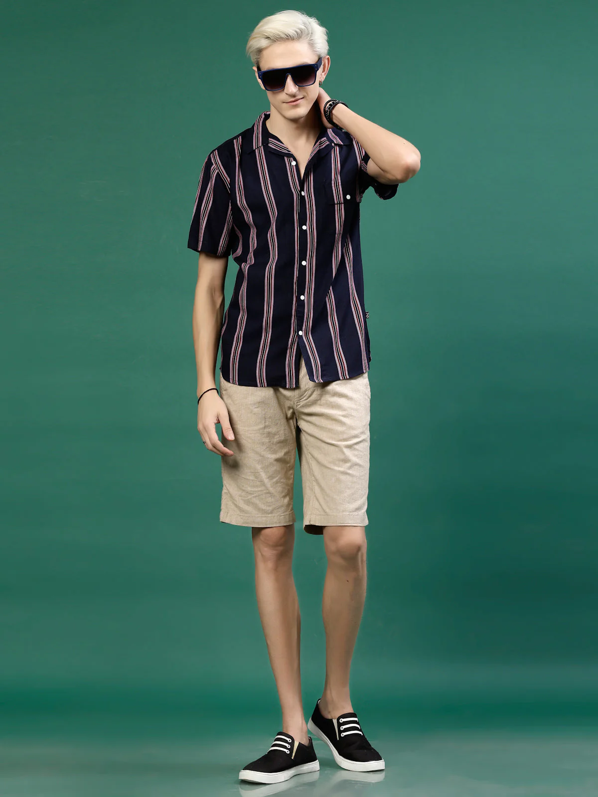 Men Cut Away Collar Striped Shirt - Image 4