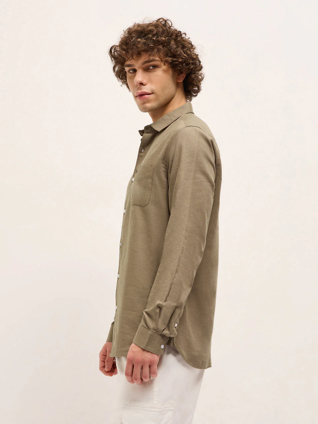 Men Dark Beige Solid Slim Fit Casual Shirt - Image 3