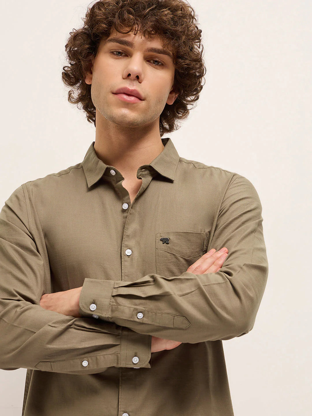 Men Dark Beige Solid Slim Fit Casual Shirt - Image 5
