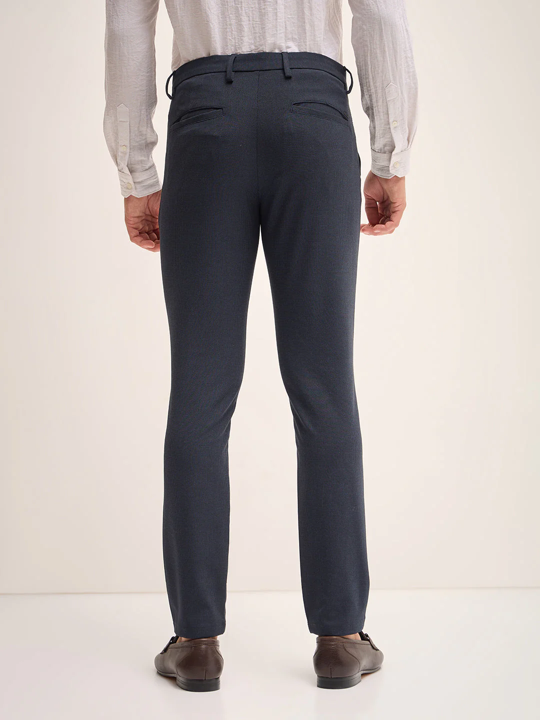 Men Dark Blue Checked 4 Way Stretch Formal Trouser - Image 2