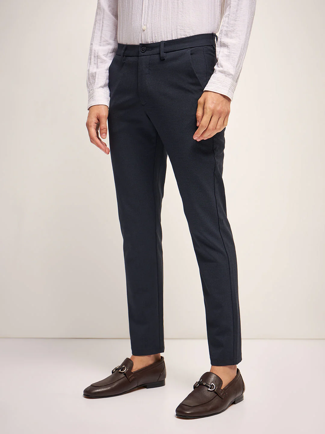 Men Dark Blue Checked 4 Way Stretch Formal Trouser - Image 3