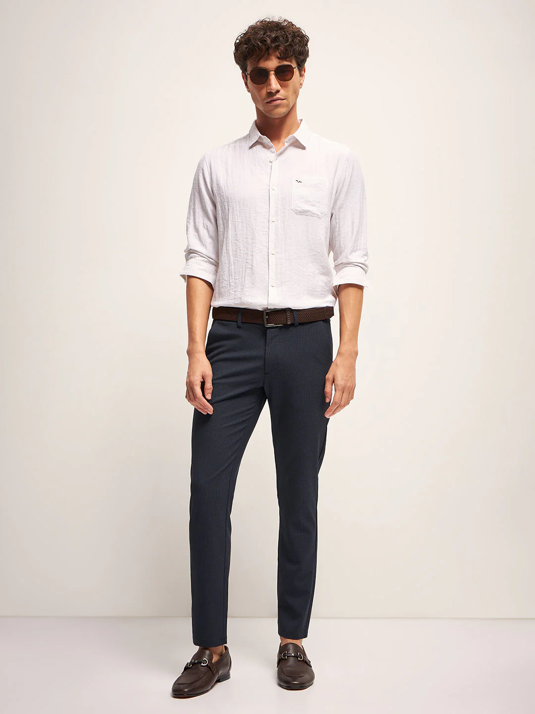 Men Dark Blue Checked 4 Way Stretch Formal Trouser - Image 4