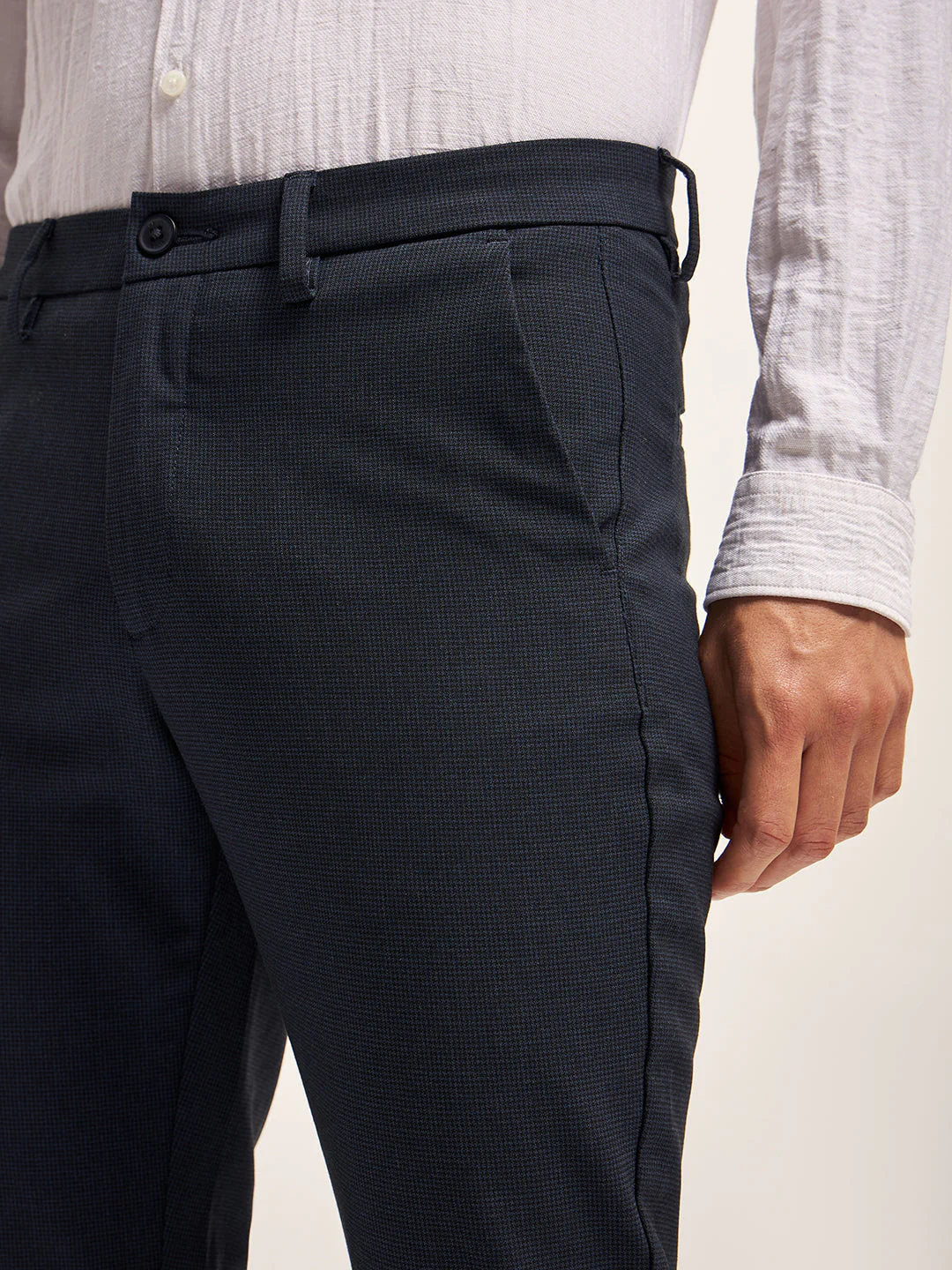 Men Dark Blue Checked 4 Way Stretch Formal Trouser - Image 6