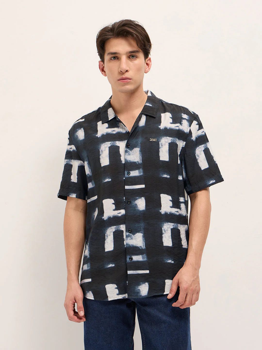 Men Dark Blue Digital Print Relaxed Fit Casual Shirt in Nylon Viscose - Image 6