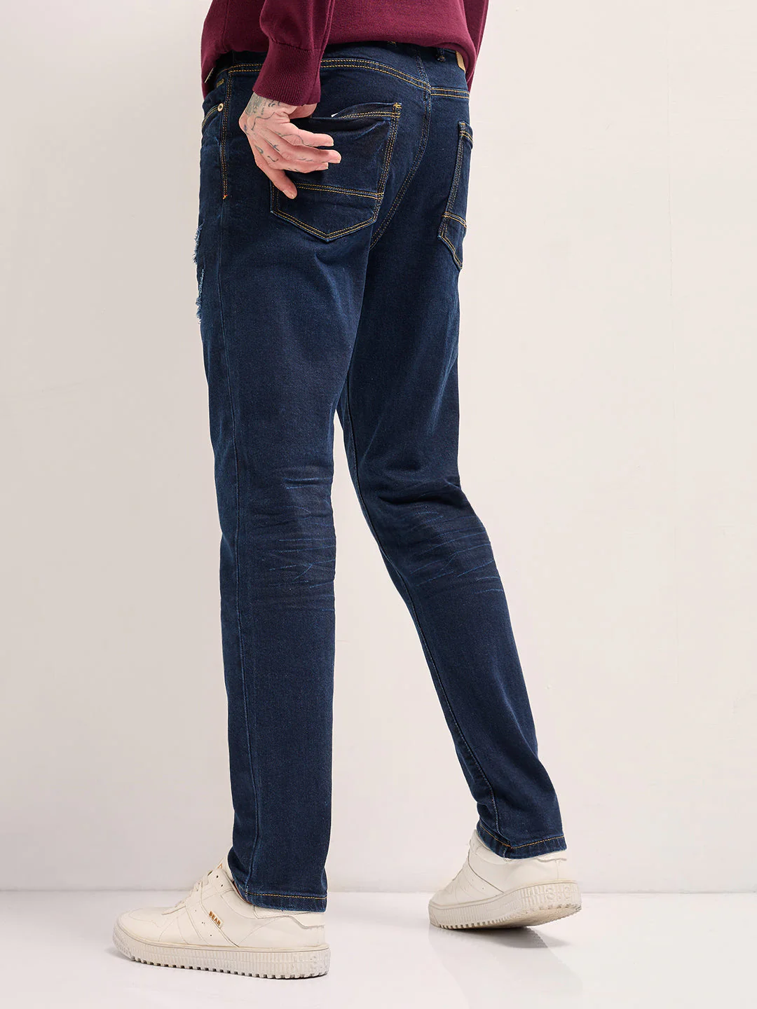 Men Dark Blue distressing and rip Mid-Rise Slim Fit Jeans - Image 2