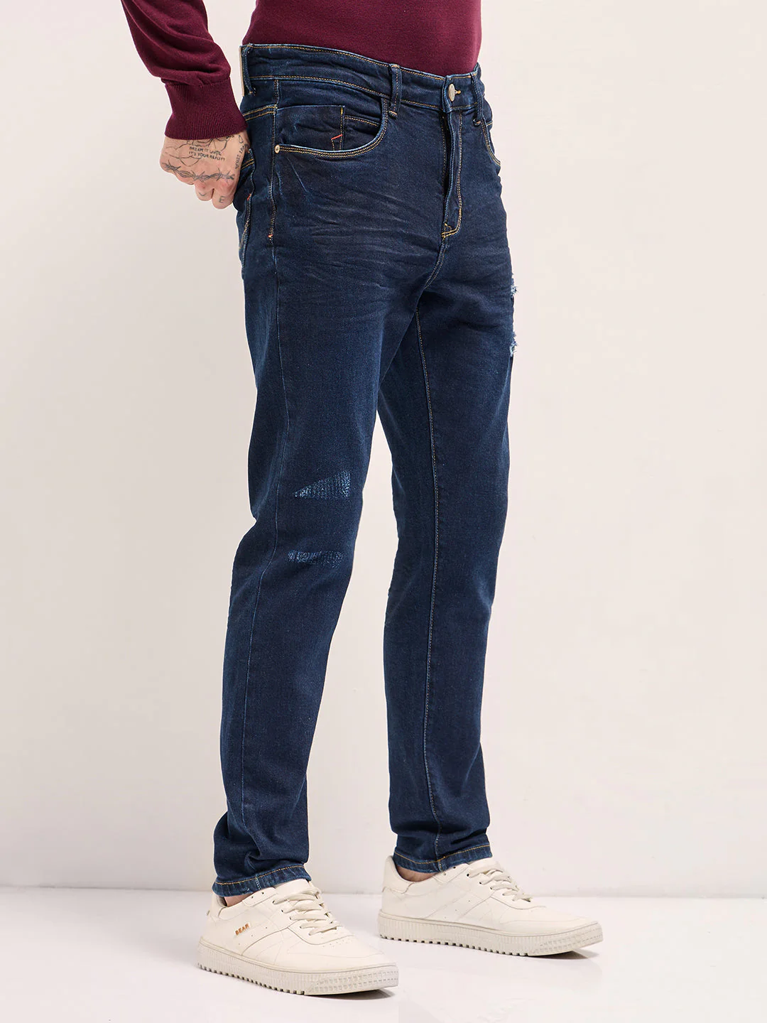 Men Dark Blue distressing and rip Mid-Rise Slim Fit Jeans - Image 3