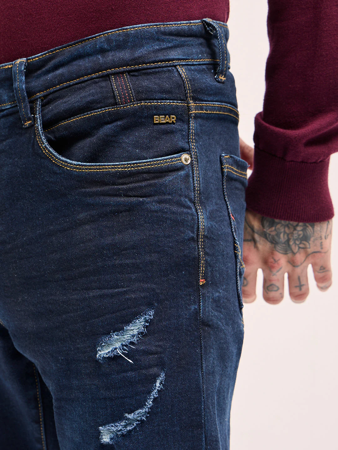 Men Dark Blue distressing and rip Mid-Rise Slim Fit Jeans - Image 5