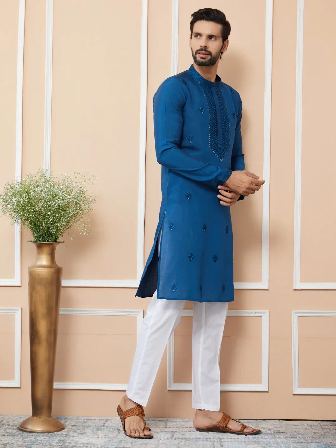 Men Blue Embroidered Chanderi Silk Straight Kurta - Image 2