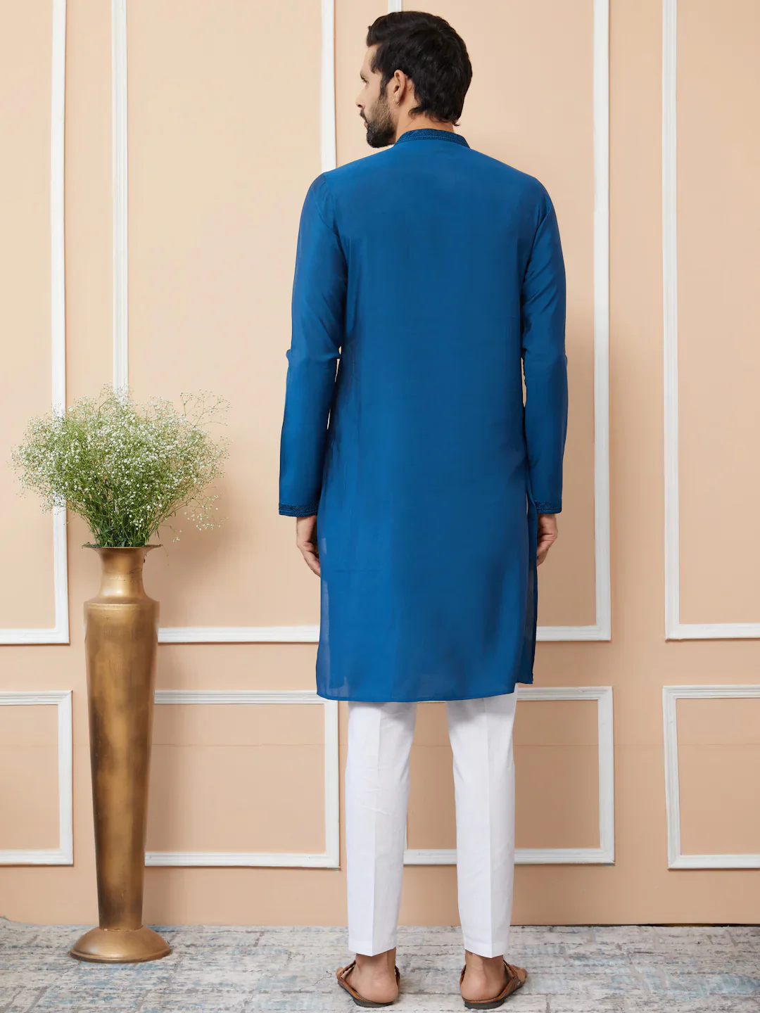 Men Blue Embroidered Chanderi Silk Straight Kurta - Image 3