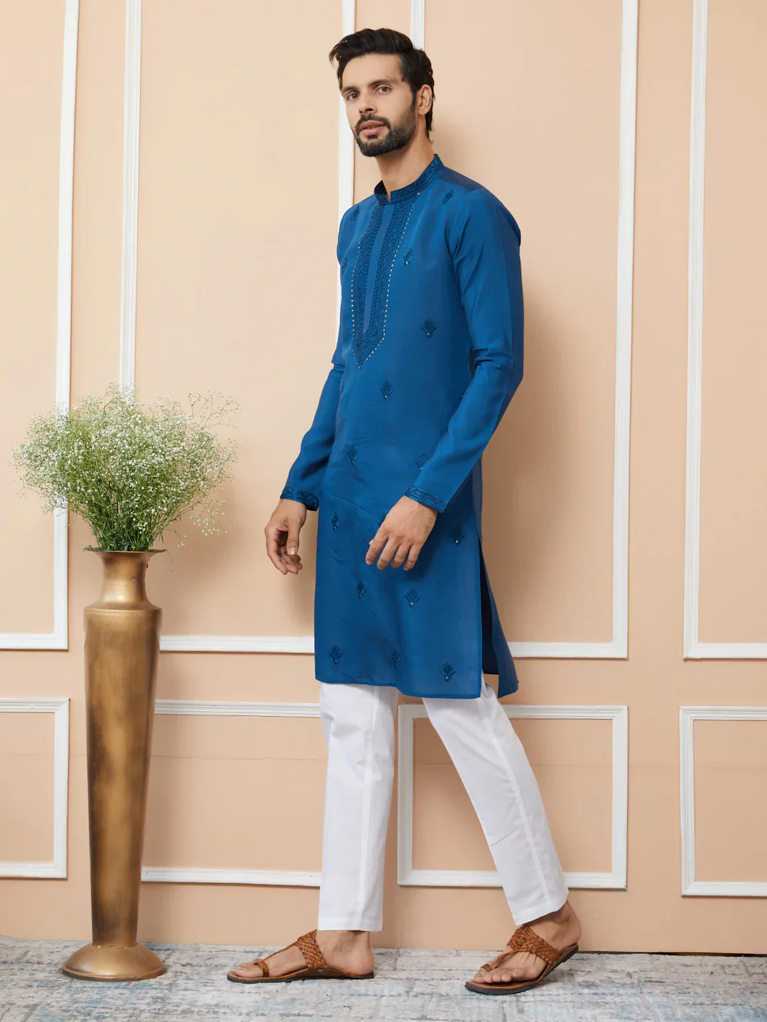 Men Blue Embroidered Chanderi Silk Straight Kurta - Image 4