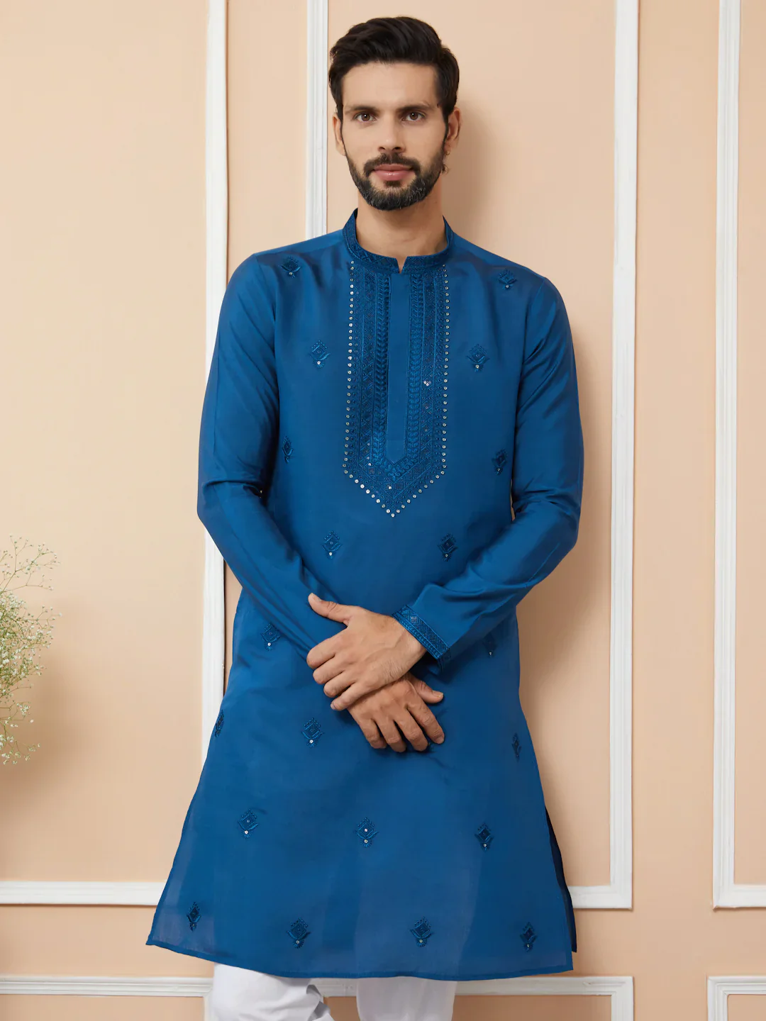 Men Blue Embroidered Chanderi Silk Straight Kurta - Image 5
