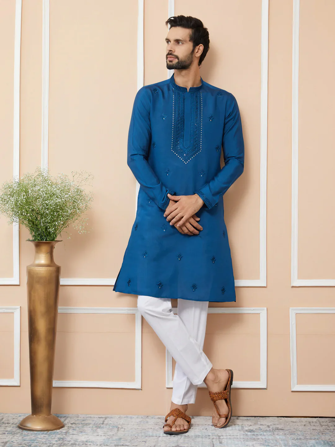 Men Blue Embroidered Chanderi Silk Straight Kurta - Image 6