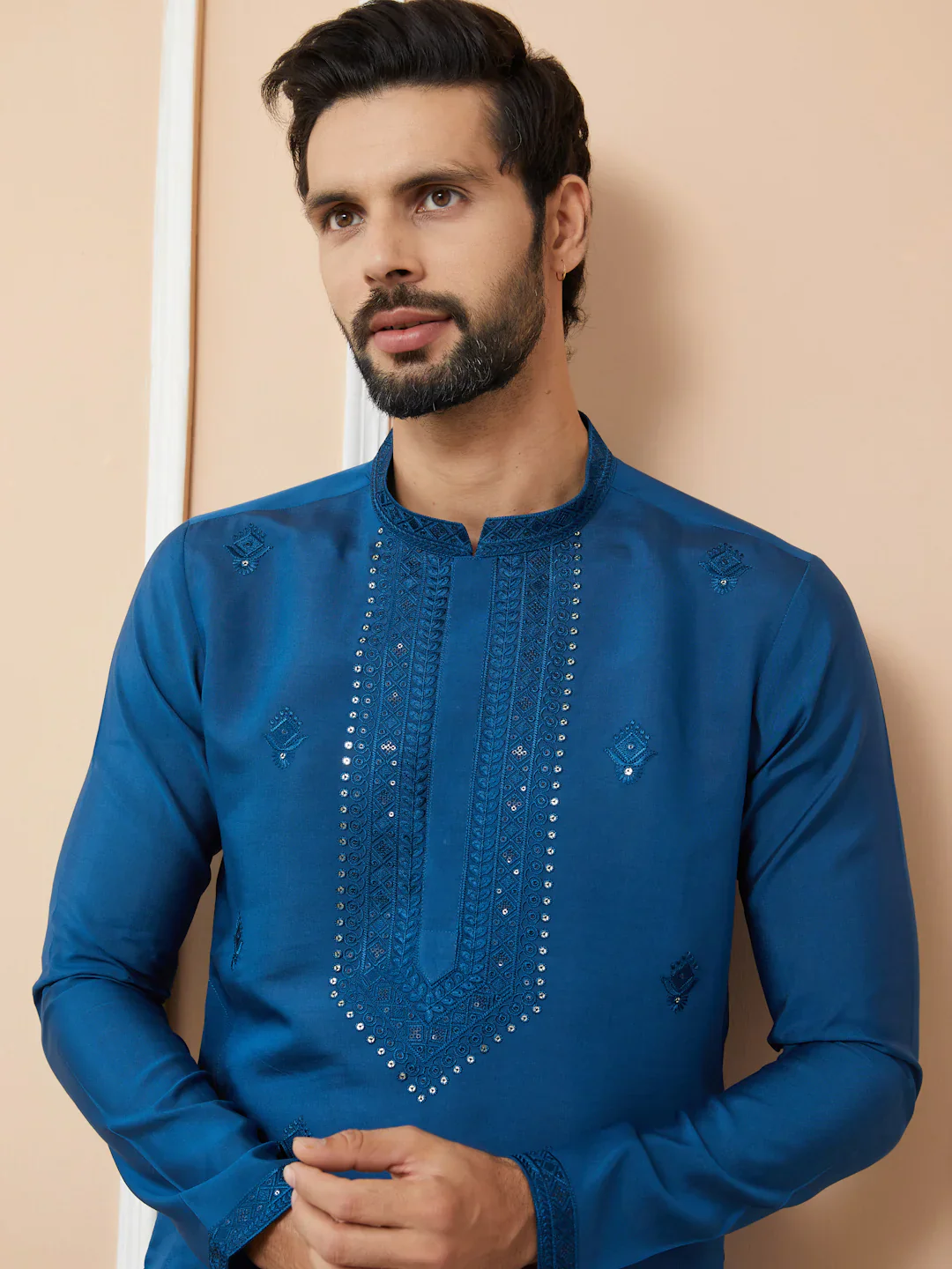 Men Blue Embroidered Chanderi Silk Straight Kurta - Image 8