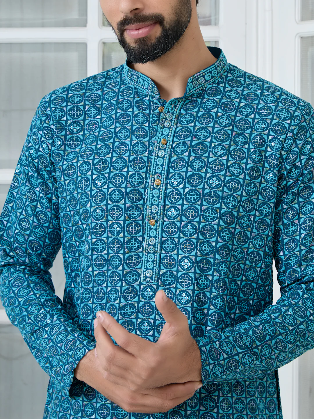Men Blue Embroidered Mandarin Collar Straight Kurta - Image 5